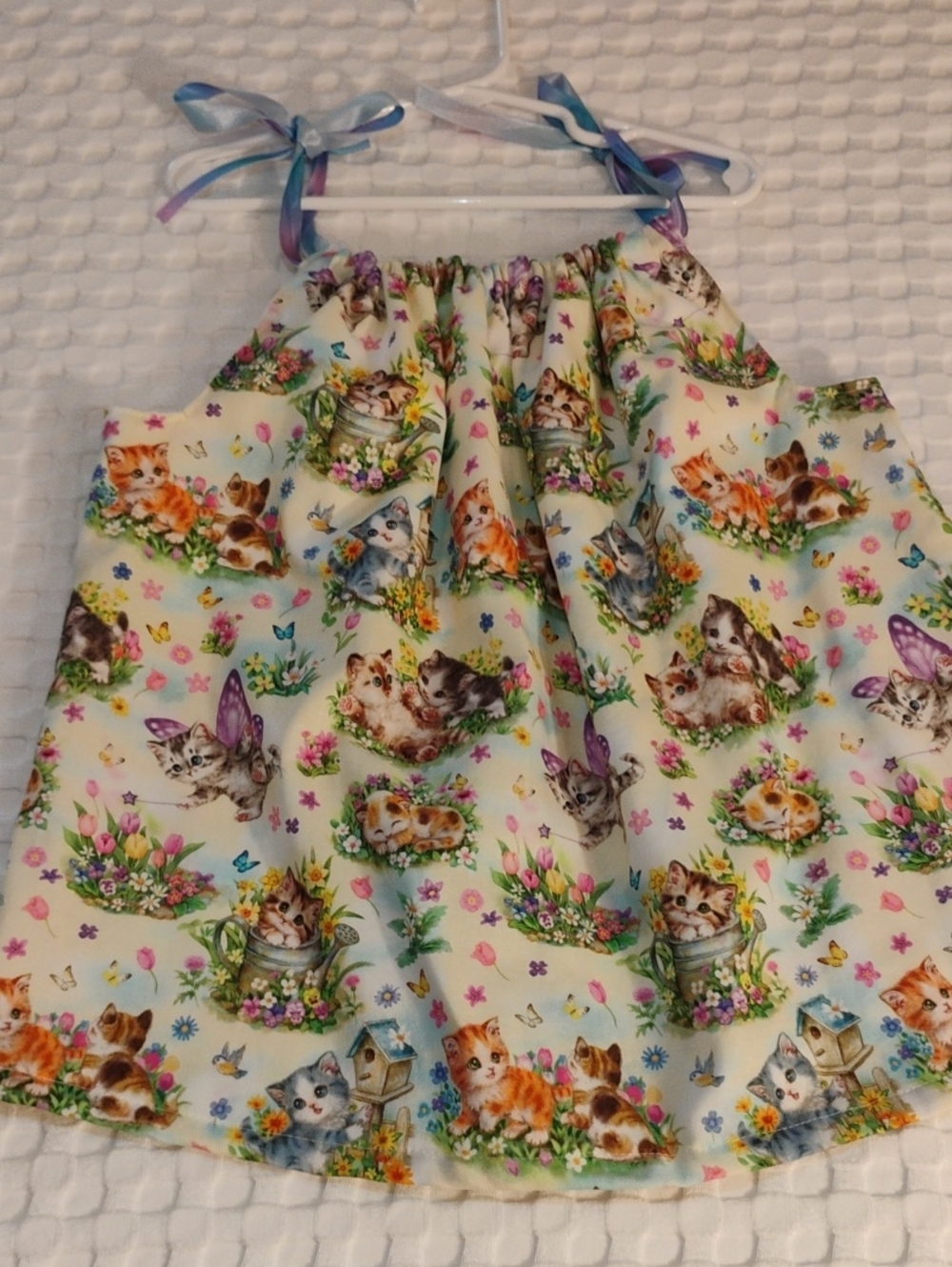 Girls White Floral Kitten Tie-Strap Dress/Top as they grow,  Blue-Purple Accents